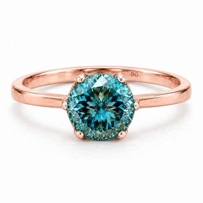 2 CT Portuguese Cut Blue-Green Moissanite Engagement Rings - Rose gold - front view