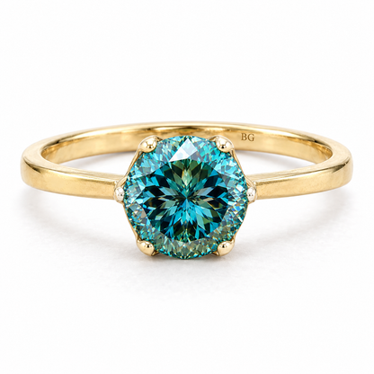 2 CT Portuguese Cut Blue-Green Moissanite Engagement Rings - Yellow gold - front view