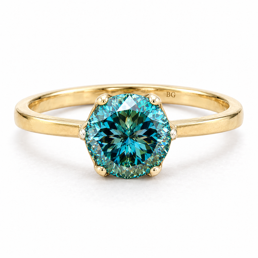 2 CT Portuguese Cut Blue-Green Moissanite Engagement Rings - Yellow gold - front view