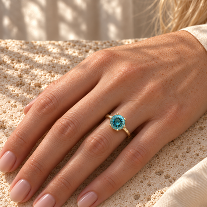 2 CT Portuguese Cut Blue-Green Moissanite Engagement Rings - Yellow gold - worn on the hand