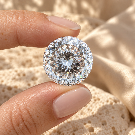 Large Portuguese cut loose moissanite held between the fingers