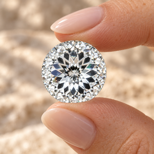 Portuguese cut loose moissanite held in fingertips for size