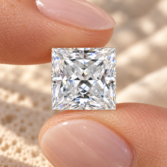 Princess cut loose moissanite held between the fingers