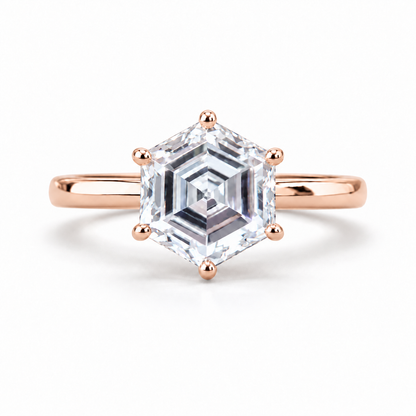 Hexagon Step Cut Moissanite Solitaire Engagement Ring - Rose gold - front view