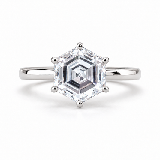 3 Carat Hexagon Step Cut Moissanite Solitaire Engagement Ring - White gold - front view