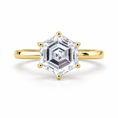Hexagon Step Cut Moissanite Solitaire Engagement Ring - Yellow gold - front view