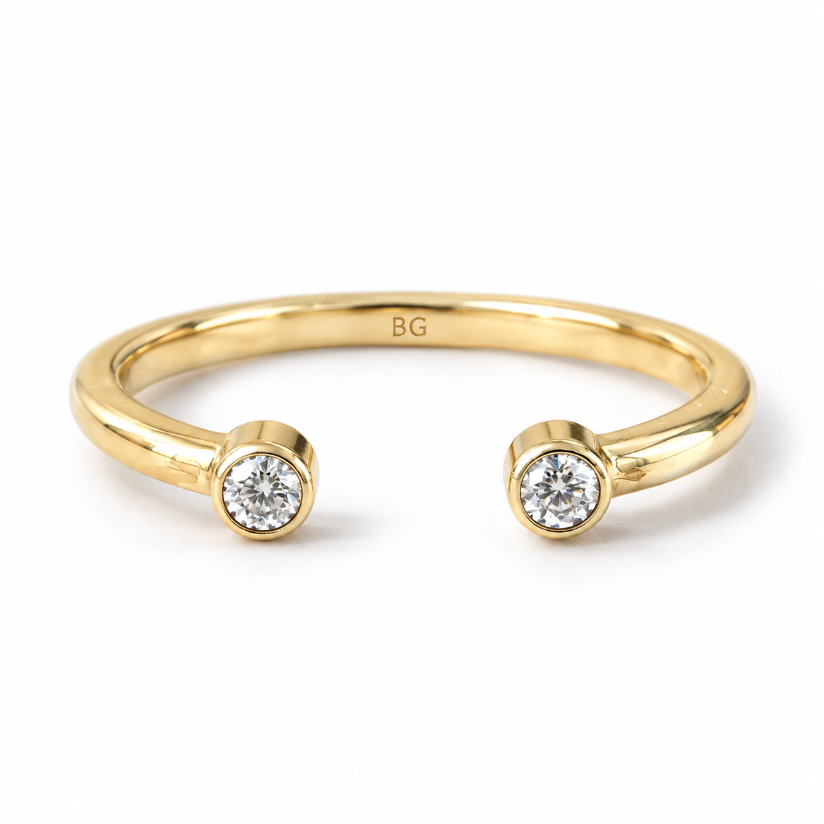 Round cut two stone moissanite open cuff band in yellow gold