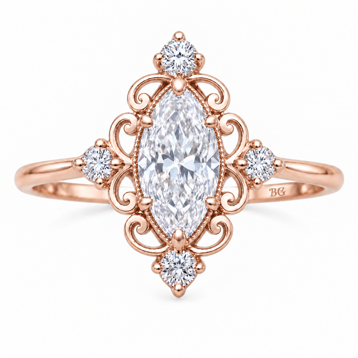 Vintage 1 CT marquise moissanite filigree engagement ring in rose gold
