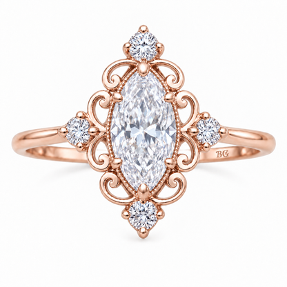 Vintage 1 CT marquise moissanite filigree engagement ring in rose gold