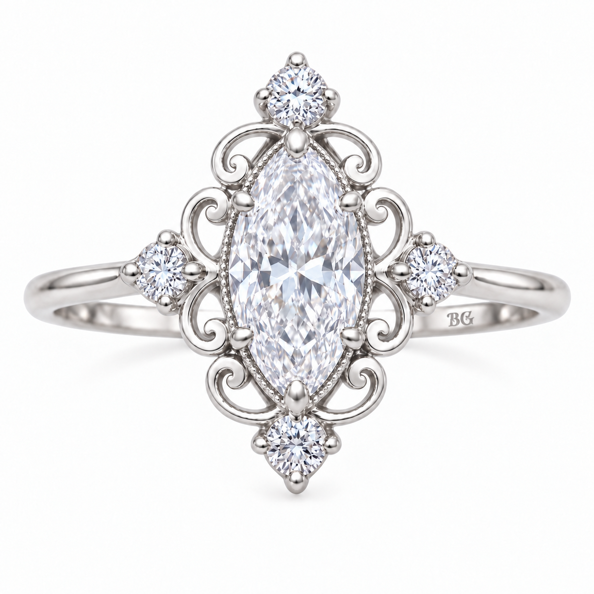 Vintage 1 CT marquise moissanite filigree engagement ring in white gold