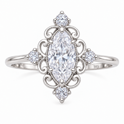 Vintage 1 CT marquise moissanite filigree engagement ring in white gold