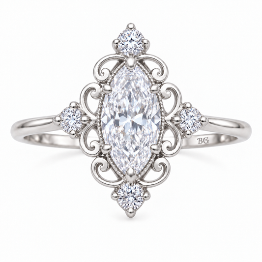 Vintage 1 CT marquise moissanite filigree engagement ring in white gold