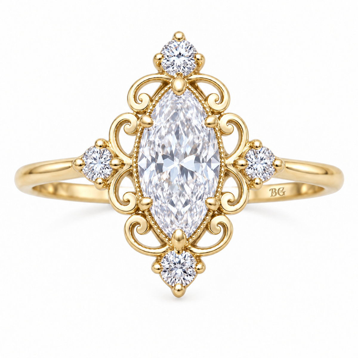 Vintage 1 CT marquise moissanite filigree engagement ring in yellow gold