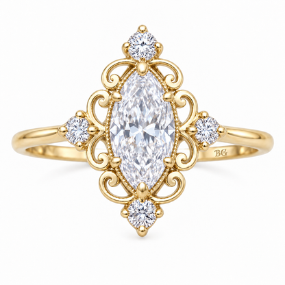 Vintage 1 CT marquise moissanite filigree engagement ring in yellow gold