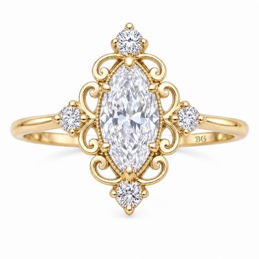 Vintage 1 CT marquise moissanite filigree engagement ring in yellow gold