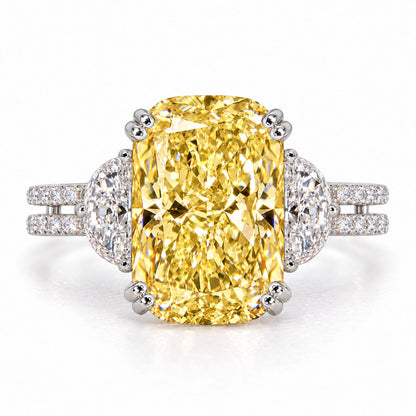 Yellow Elongated Cushion Cut Lab Grown Diamond Engagement Ring - Half Moon Split Shank in white gold, front view
