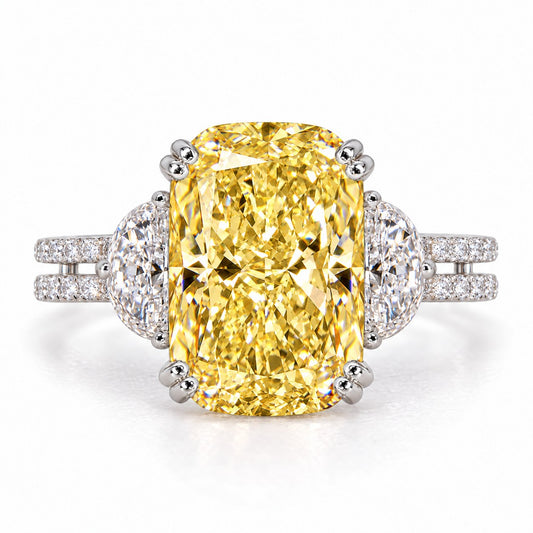 Yellow Elongated Cushion Cut Lab Grown Diamond Engagement Ring - Half Moon Split Shank in white gold, front view