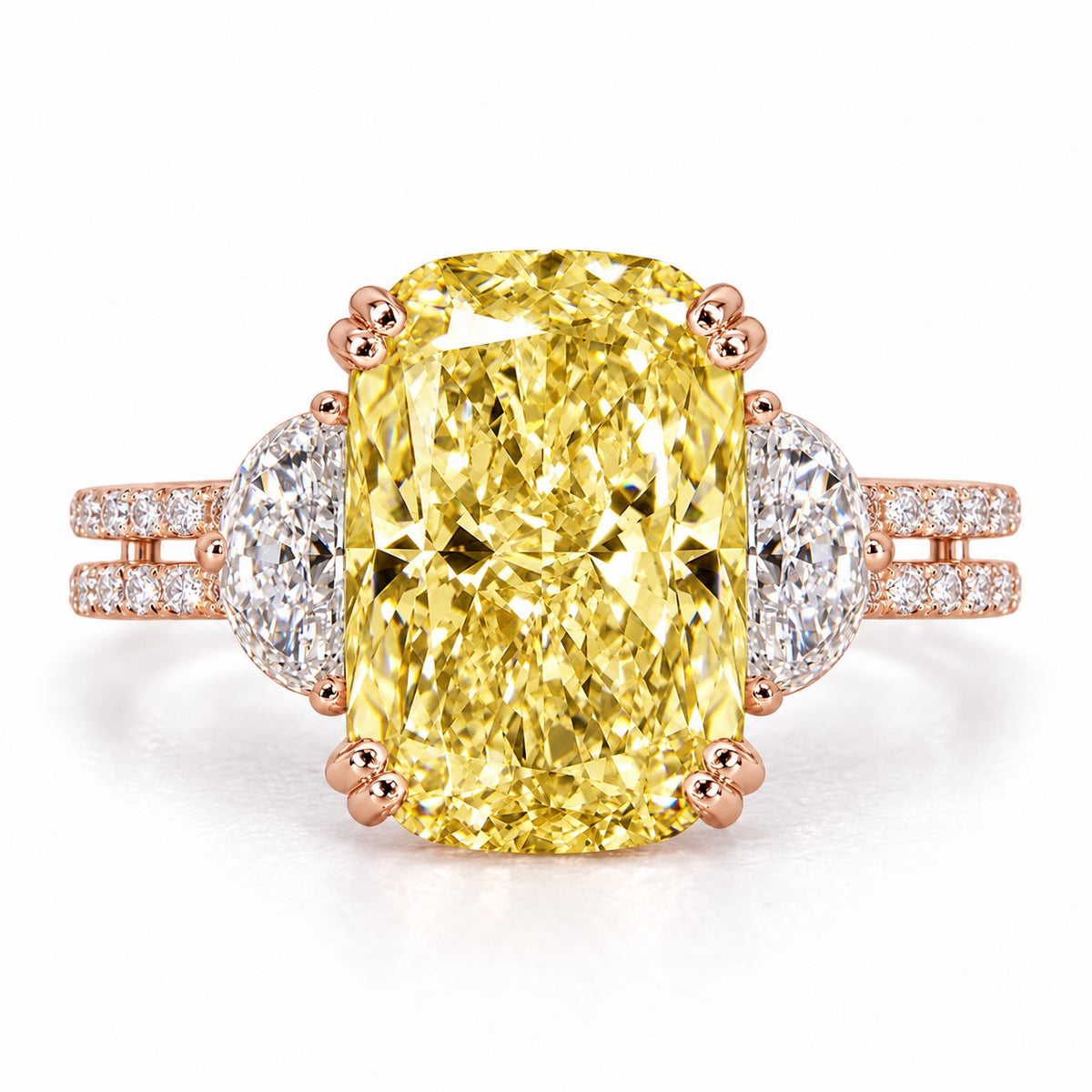 Yellow Elongated Cushion Cut Lab Grown Diamond Engagement Ring - Half Moon Split Shank in rose gold, front view