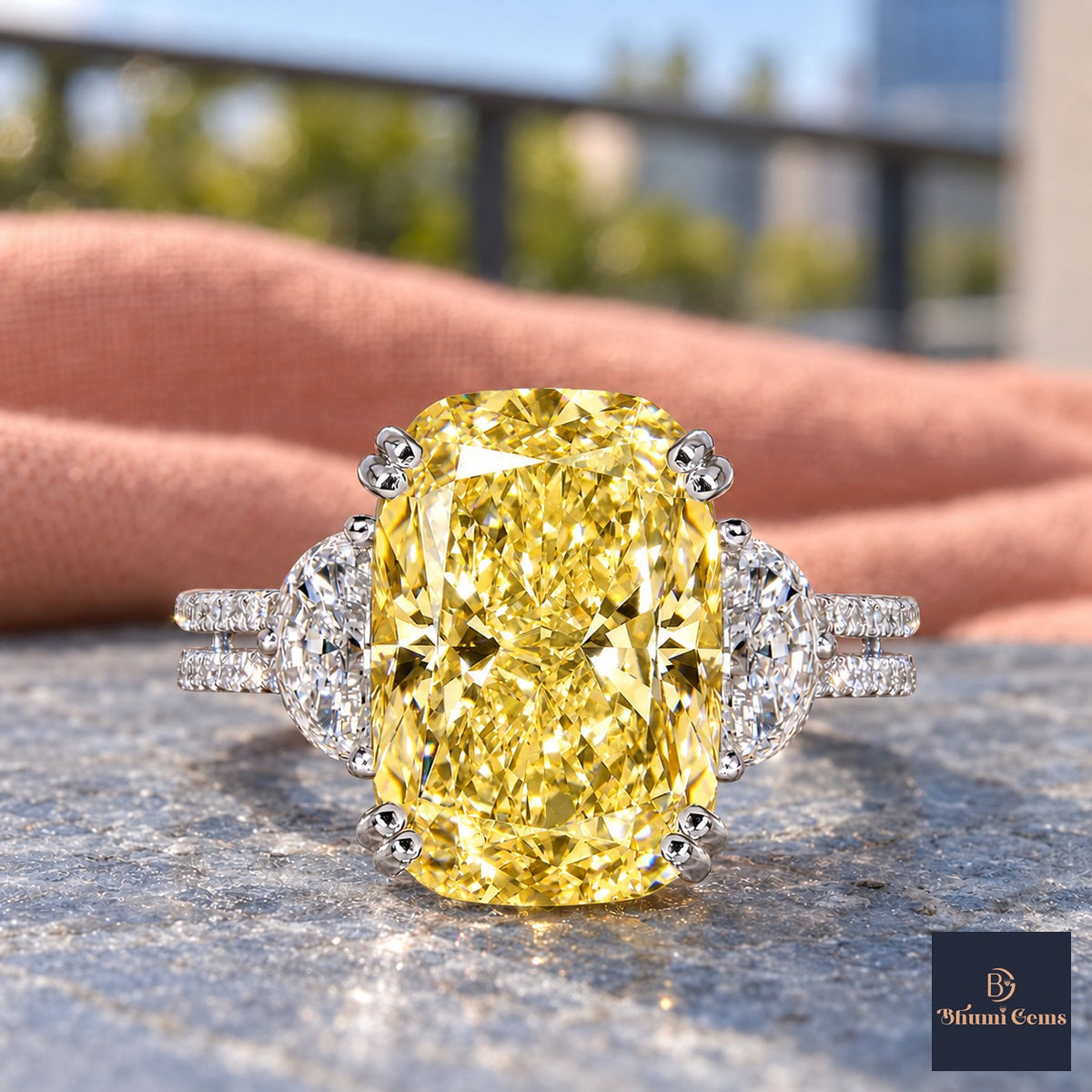 Yellow Elongated Cushion Cut Lab Grown Diamond Engagement Ring - Half Moon Split Shank in white gold, close-up