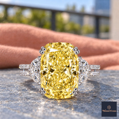 Yellow Elongated Cushion Cut Lab Grown Diamond Engagement Ring - Half Moon Split Shank in white gold, close-up