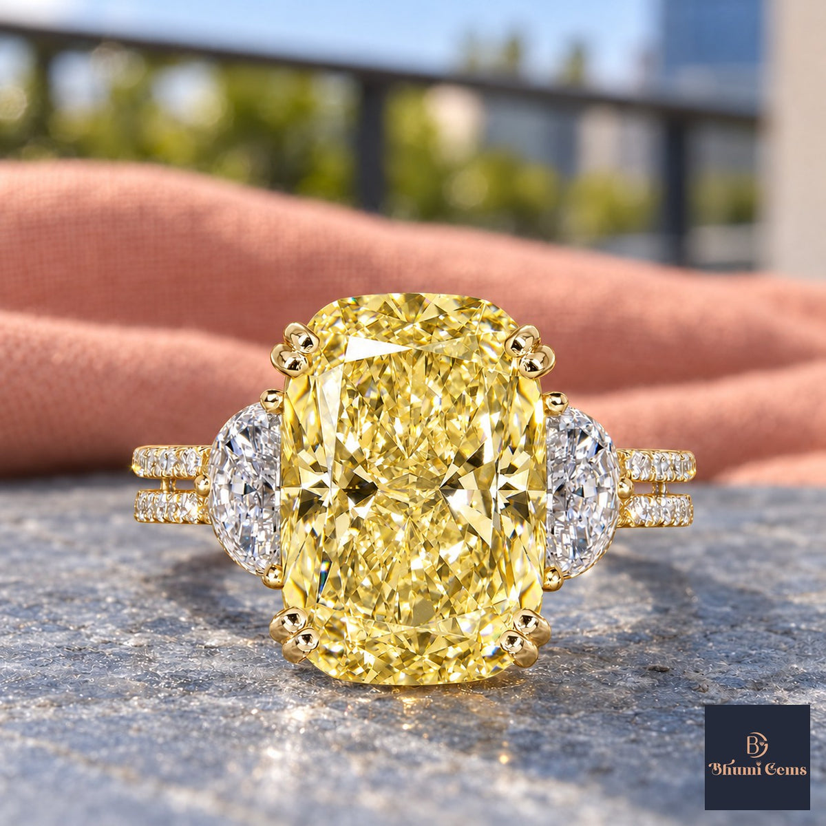 Yellow Elongated Cushion Cut Lab Grown Diamond Engagement Ring - Half Moon Split Shank in yellow gold, close-up