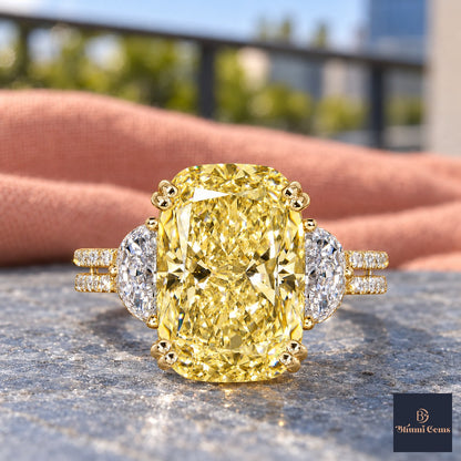Yellow Elongated Cushion Cut Lab Grown Diamond Engagement Ring - Half Moon Split Shank in yellow gold, close-up