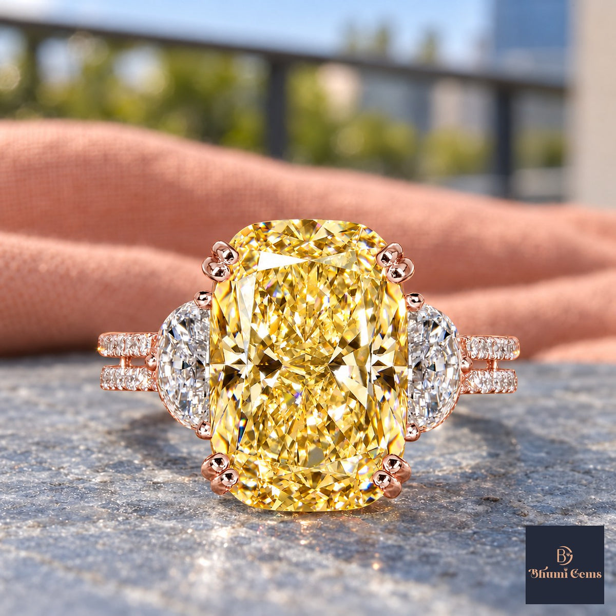 Yellow Elongated Cushion Cut Lab Grown Diamond Engagement Ring - Half Moon Split Shank in rose gold, close-up