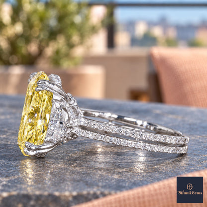 Yellow Elongated Cushion Cut Lab Grown Diamond Engagement Ring - Half Moon Split Shank in white gold, side view