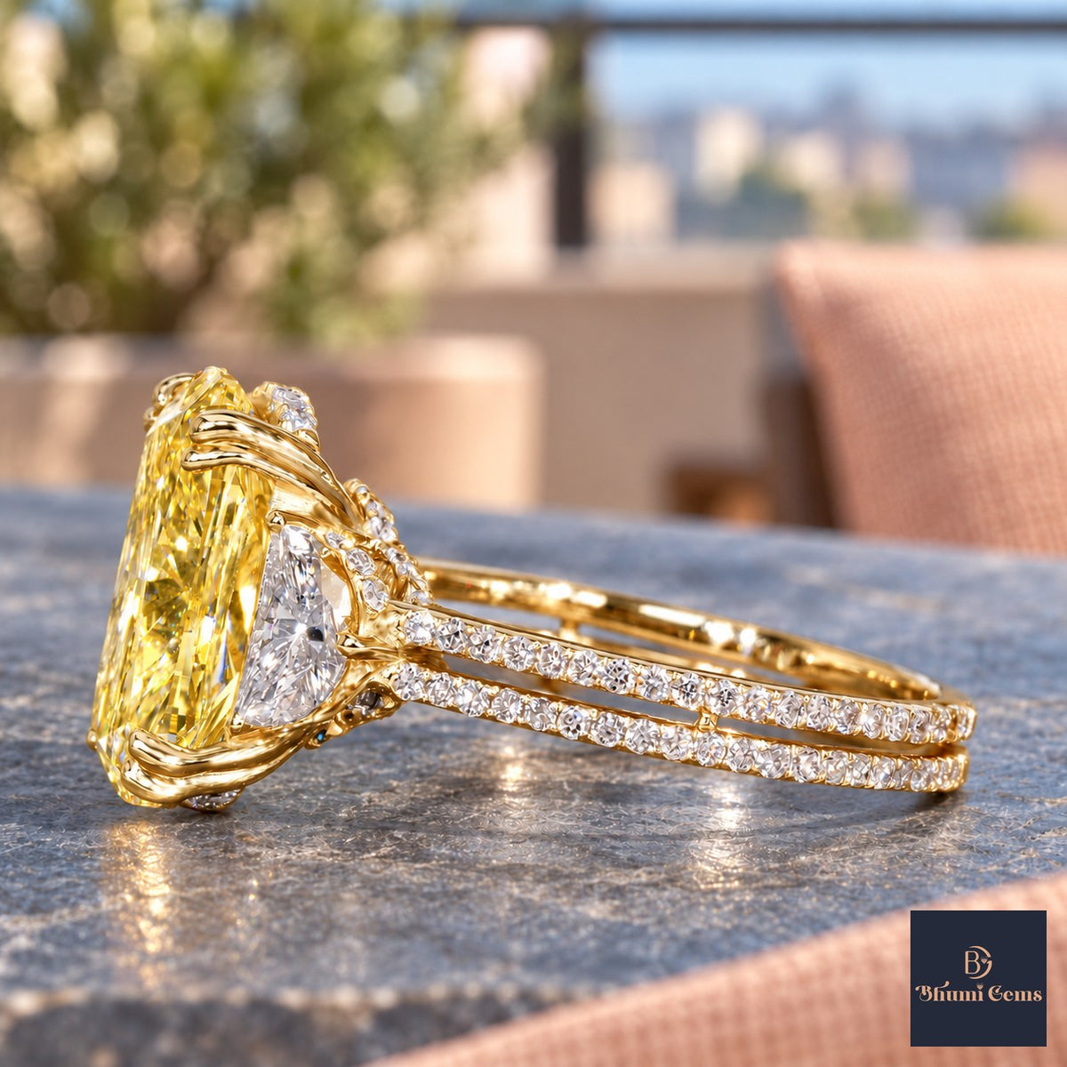 Yellow Elongated Cushion Cut Lab Grown Diamond Engagement Ring - Half Moon Split Shank in yellow gold, side view