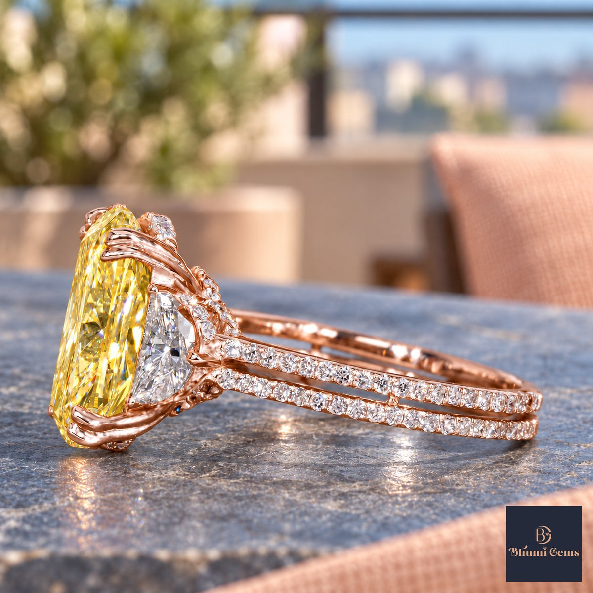 Yellow Elongated Cushion Cut Lab Grown Diamond Engagement Ring - Half Moon Split Shank in rose gold, side view