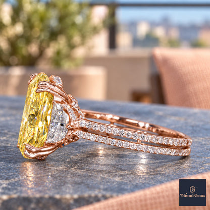 Yellow Elongated Cushion Cut Lab Grown Diamond Engagement Ring - Half Moon Split Shank in rose gold, side view