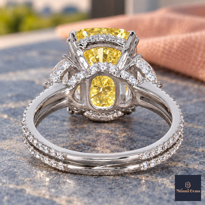 Yellow Elongated Cushion Cut Lab Grown Diamond Engagement Ring - Half Moon Split Shank in white gold, gallery view