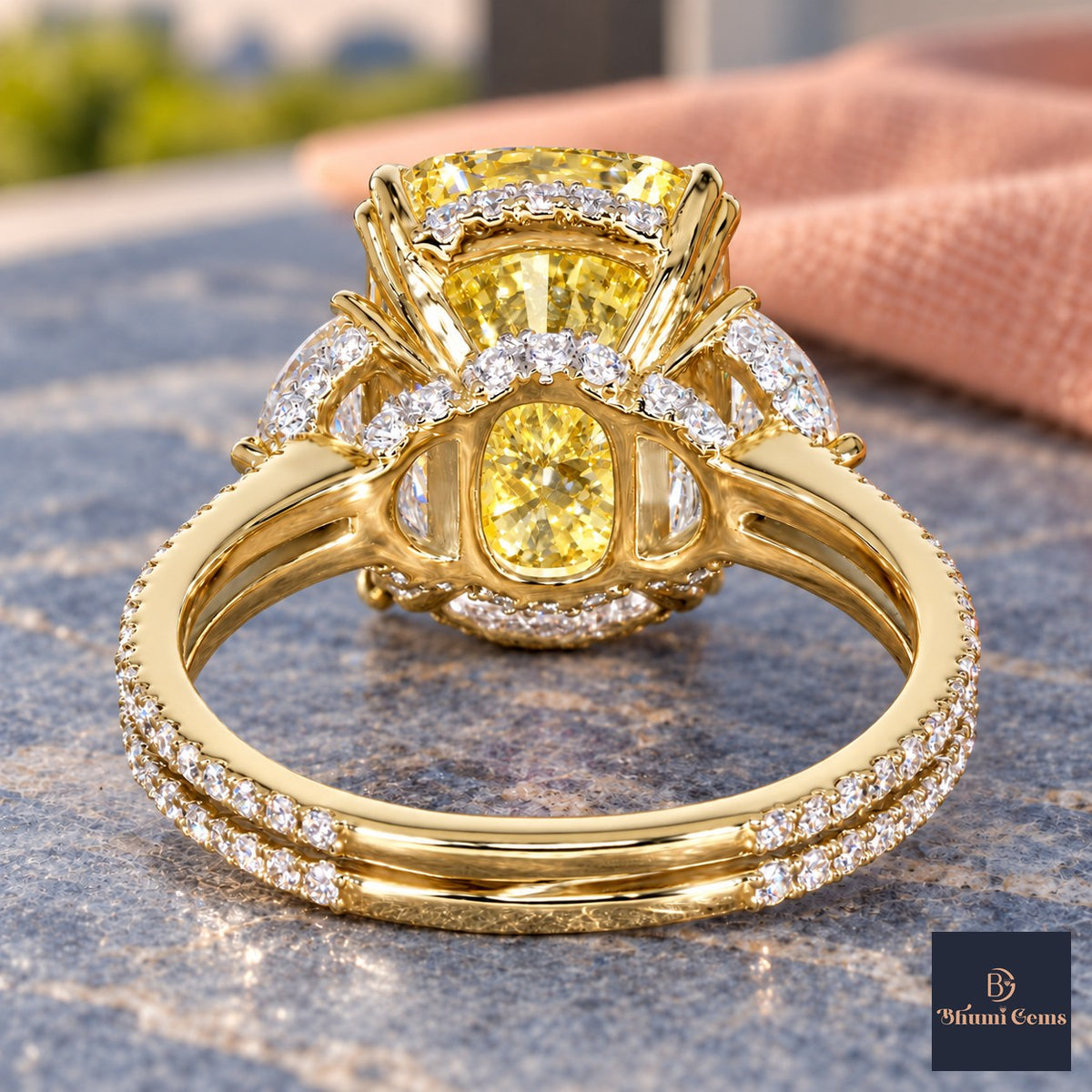 Yellow Elongated Cushion Cut Lab Grown Diamond Engagement Ring - Half Moon Split Shank in yellow gold, gallery view