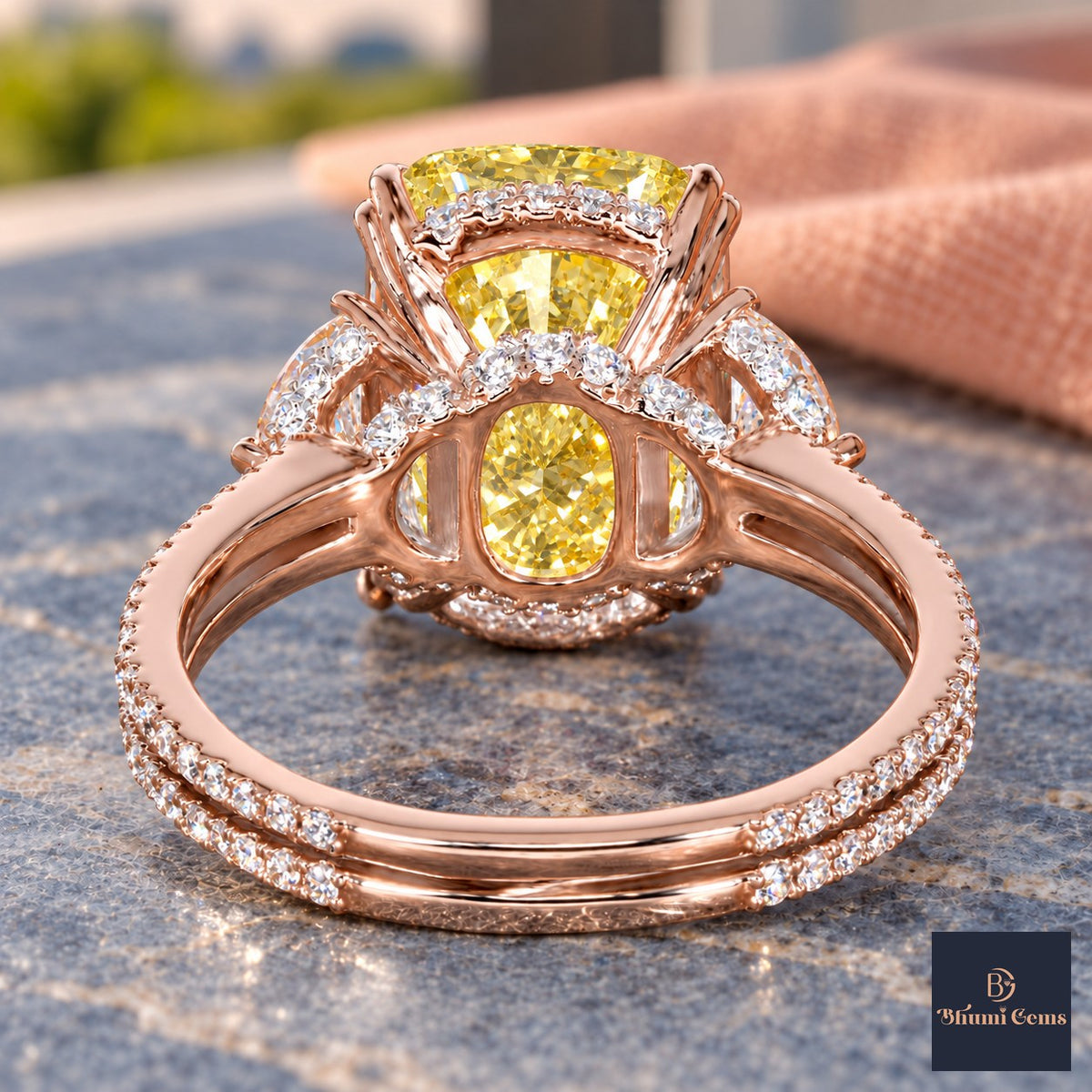 Yellow Elongated Cushion Cut Lab Grown Diamond Engagement Ring - Half Moon Split Shank in rose gold, gallery view