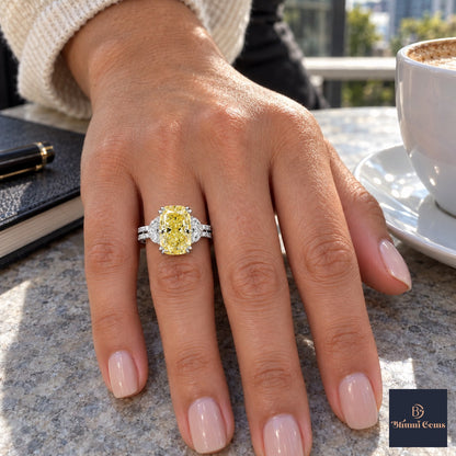 Yellow Elongated Cushion Cut Lab Grown Diamond Engagement Ring - Half Moon Split Shank in white gold, on the hand