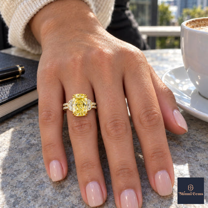 Yellow Elongated Cushion Cut Lab Grown Diamond Engagement Ring - Half Moon Split Shank in yellow gold, on the hand