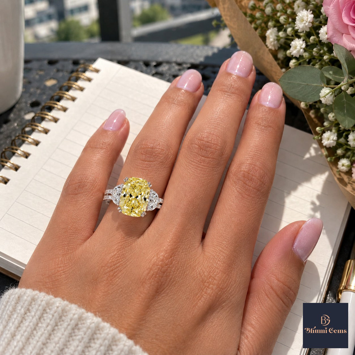 Yellow Elongated Cushion Cut Lab Grown Diamond Engagement Ring - Half Moon Split Shank in white gold, worn on the hand