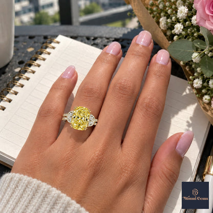 Yellow Elongated Cushion Cut Lab Grown Diamond Engagement Ring - Half Moon Split Shank in yellow gold, worn on the hand