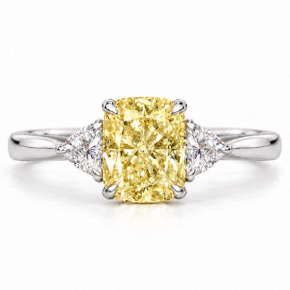 Yellow Elongated Cushion Cut Lab Grown Diamond Engagement Ring - Trillion Three Stone in white gold, front view