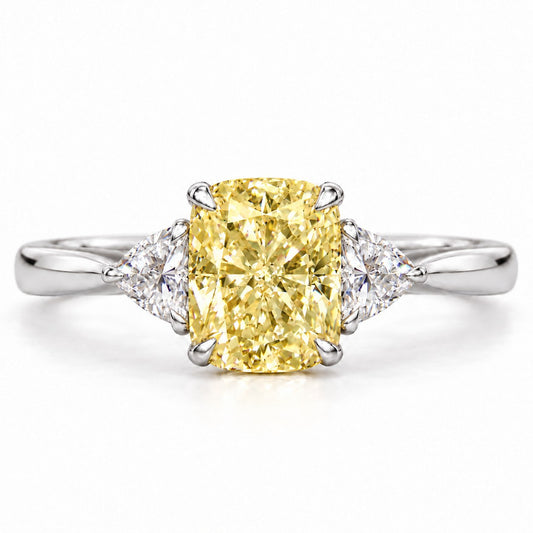 Yellow Elongated Cushion Cut Lab Grown Diamond Engagement Ring - Trillion Three Stone in white gold, front view