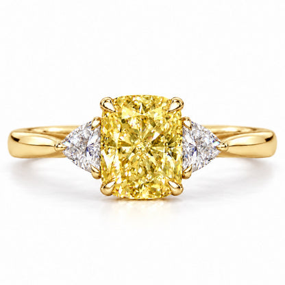 Yellow Elongated Cushion Cut Lab Grown Diamond Engagement Ring - Trillion Three Stone in yellow gold, front view