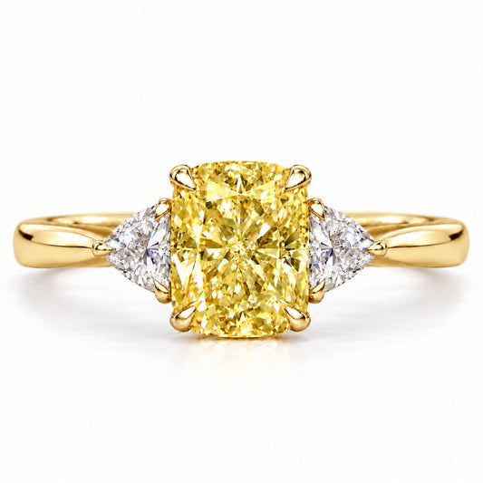 Yellow Elongated Cushion Cut Lab Grown Diamond Engagement Ring - Trillion Three Stone in yellow gold, front view