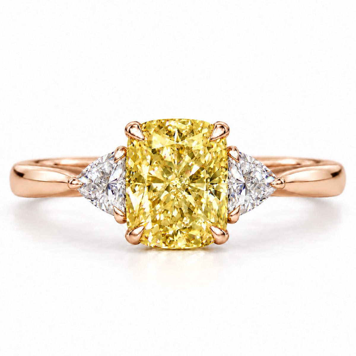 Yellow Elongated Cushion Cut Lab Grown Diamond Engagement Ring - Trillion Three Stone in rose gold, front view