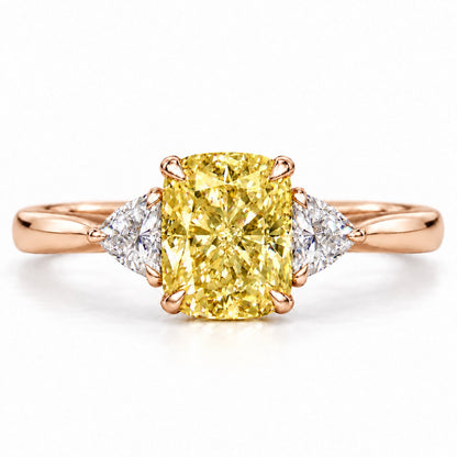 Yellow Elongated Cushion Cut Lab Grown Diamond Engagement Ring - Trillion Three Stone in rose gold, front view