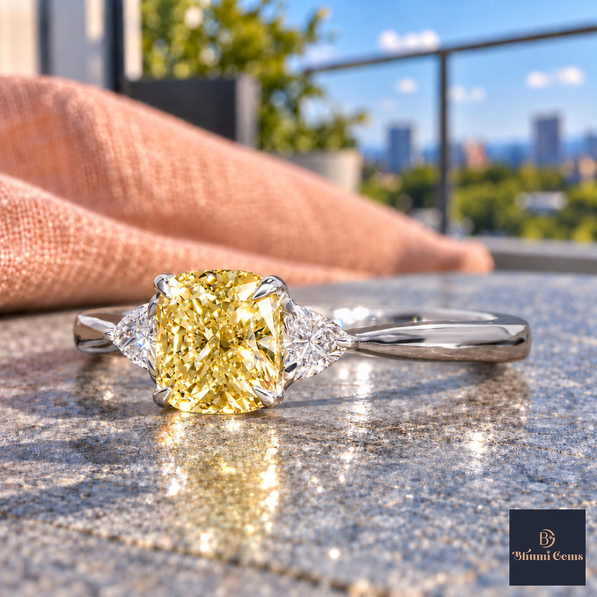 Yellow Elongated Cushion Cut Lab Grown Diamond Engagement Ring - Trillion Three Stone in white gold, close-up