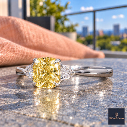 Yellow Elongated Cushion Cut Lab Grown Diamond Engagement Ring - Trillion Three Stone in white gold, close-up