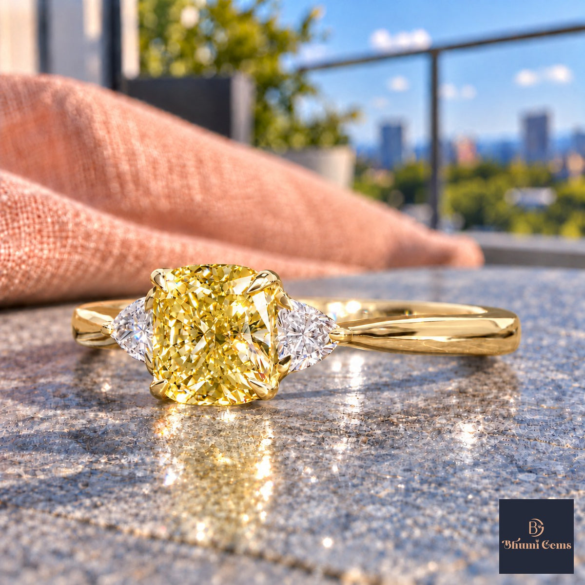 Yellow Elongated Cushion Cut Lab Grown Diamond Engagement Ring - Trillion Three Stone in yellow gold, close-up