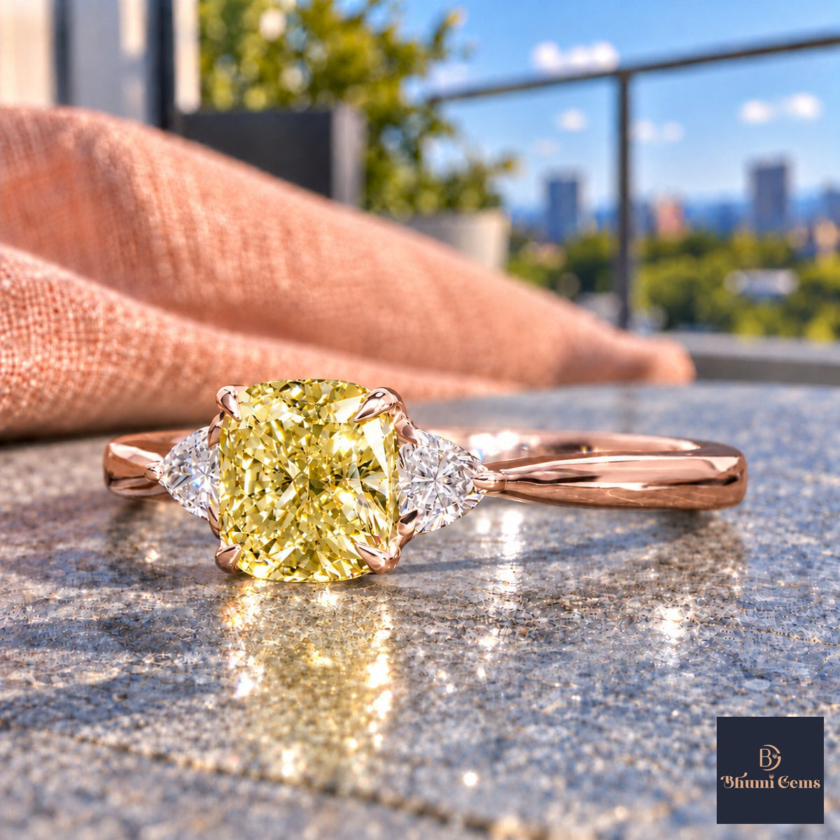 Yellow Elongated Cushion Cut Lab Grown Diamond Engagement Ring - Trillion Three Stone in rose gold, close-up