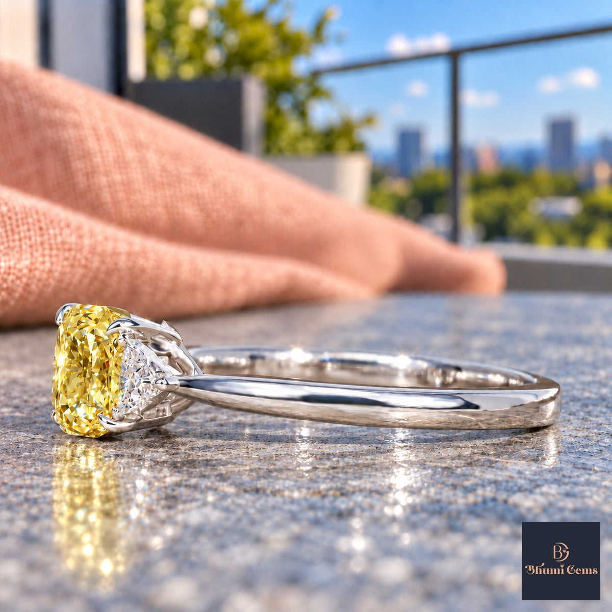 Yellow Elongated Cushion Cut Lab Grown Diamond Engagement Ring - Trillion Three Stone in white gold, side view