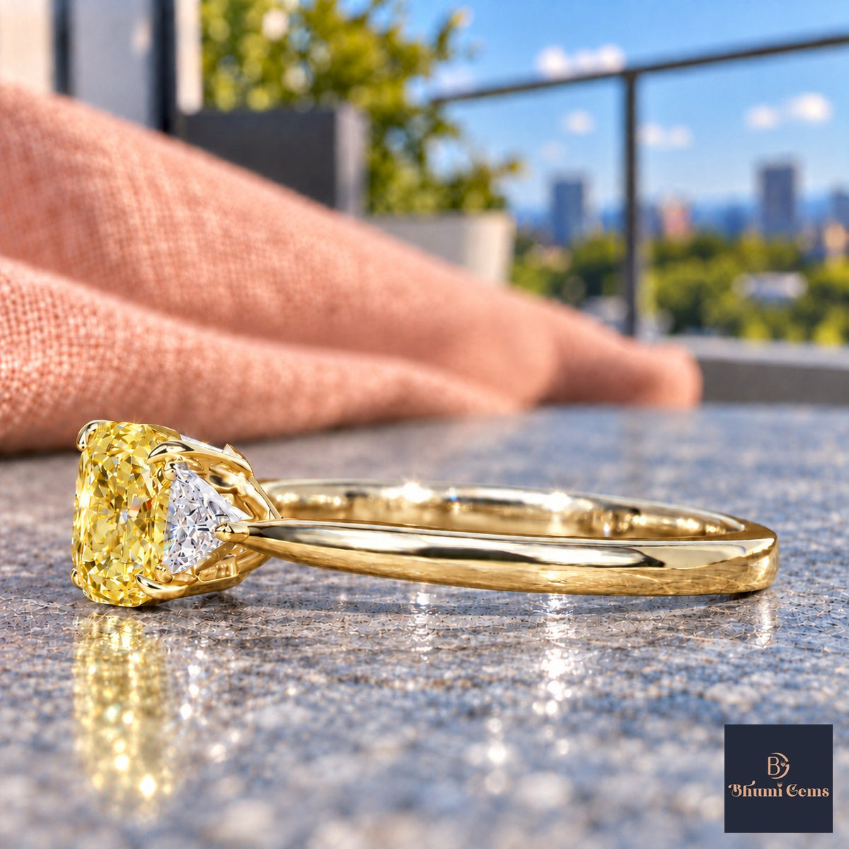 Yellow Elongated Cushion Cut Lab Grown Diamond Engagement Ring - Trillion Three Stone in yellow gold, side view